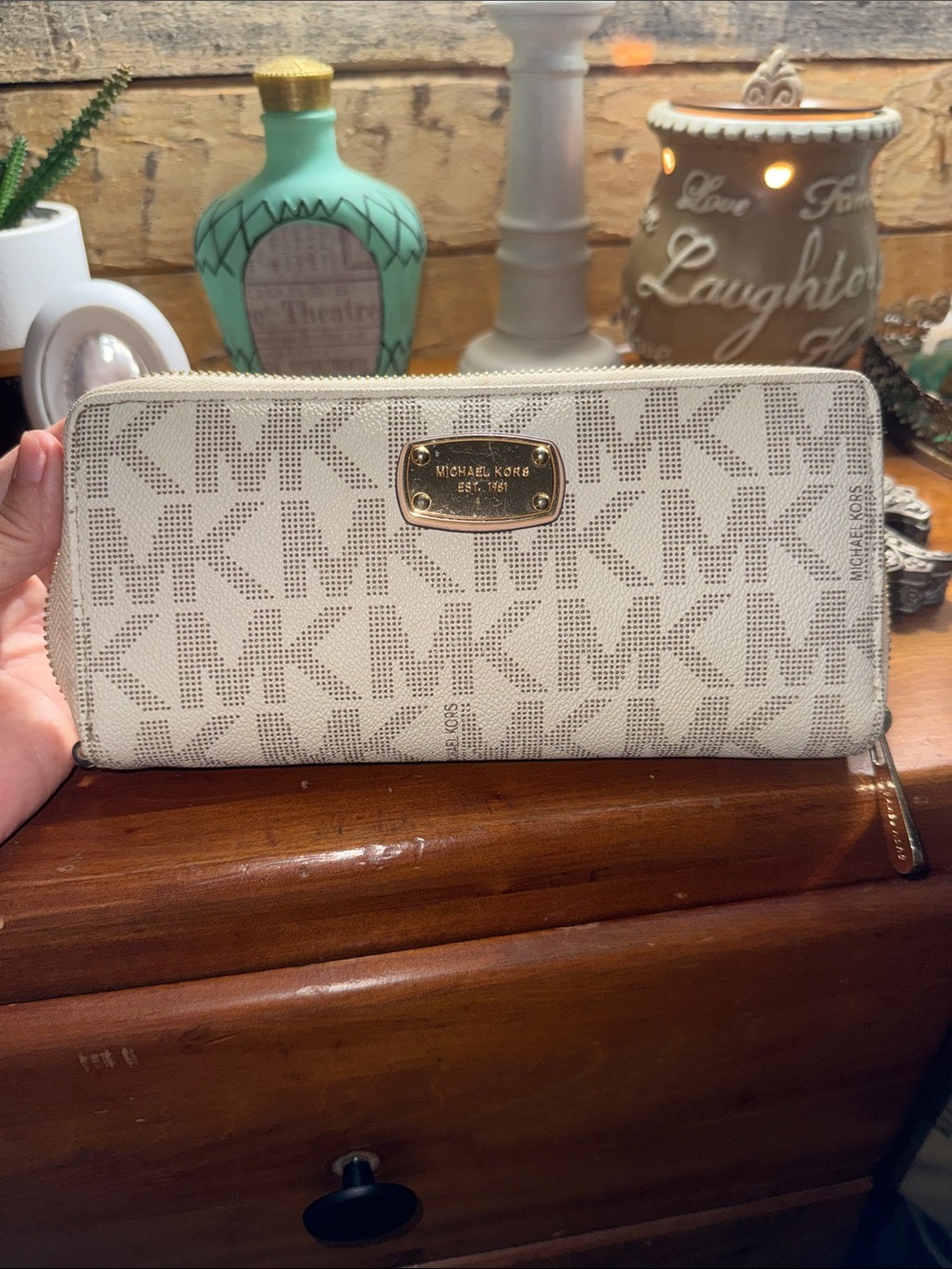 Michael Kors Cream Logo Jacquard Zip Wallet with Gold Plaque